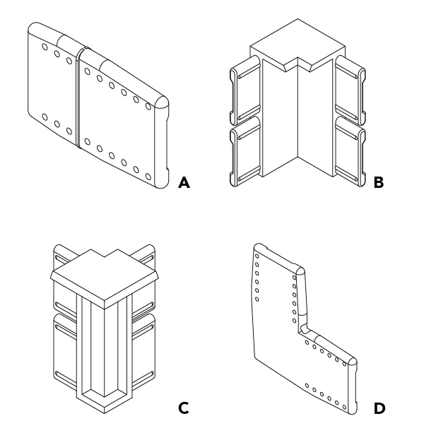 Łącznik prosty - Łącznik narożny wewnętrzny  - Łącznik narożny zewnętrzny - Łącznik schodowy
